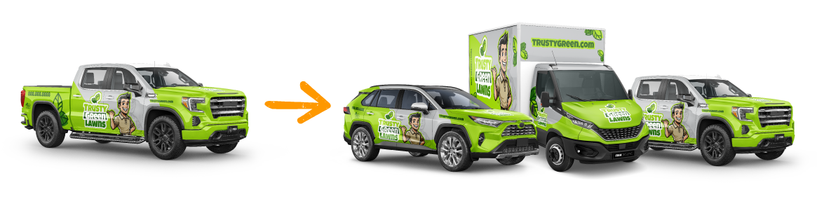 REV Designs Master Fleet Design — one Trusty Green Lawns wrap design adapted across a pickup truck, SUV, box truck, and a second crossover SUV