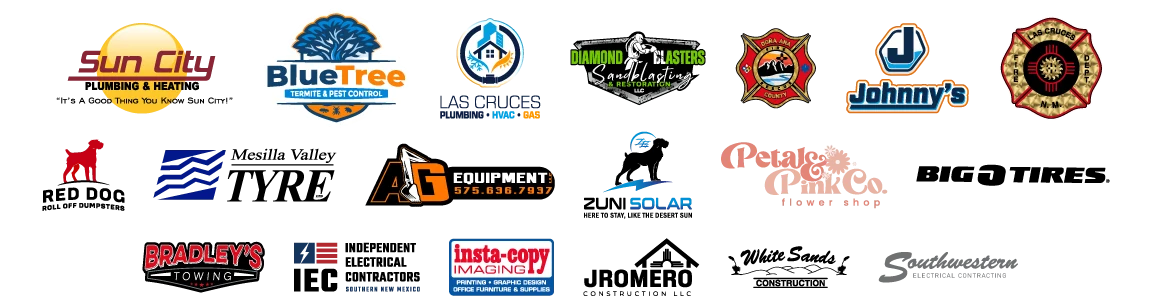 REV Designs commercial customers — Sun City Plumbing, Blue Tree Pest Control, Las Cruces Plumbing, Diamond Blasters Sandblasting, Doña Ana County, Johnny's, Las Cruces Fire Department, Red Dog Roll Off, Mesilla Valley Tire, AG Equipment, Zuni Solar, Petals and Pink Co, Big O Tires, Bradley's Towing, IEC Independent Electrical Contractors, Insta-Copy Imaging, JRomero Construction, White Sands Construction, Southwestern Electrical Contracting